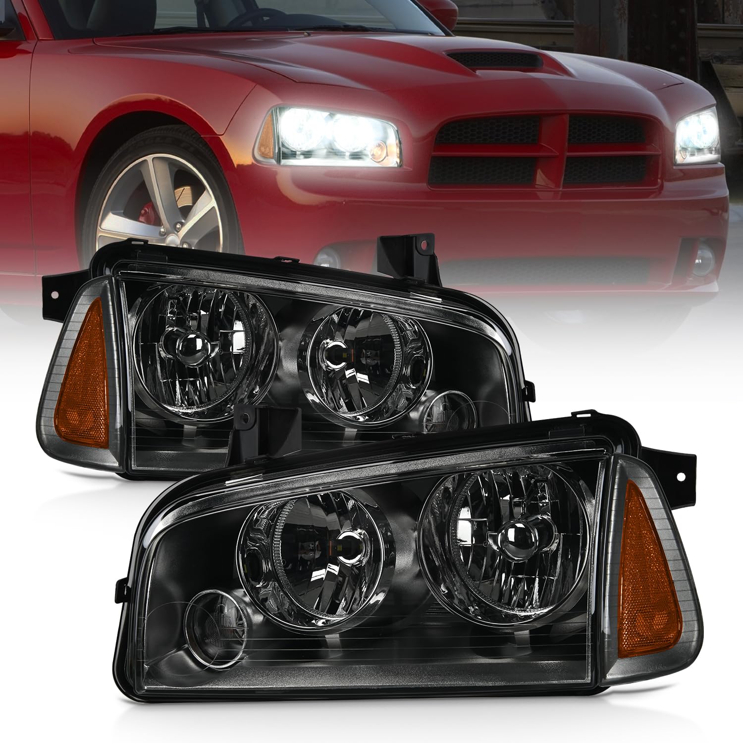 Nilight Headlight Assembly Compatible with 2006 2007 2008 2009 2010 Dodge Charger Smoke Housing Amber Reflector Clear Lens Headlights Replacement