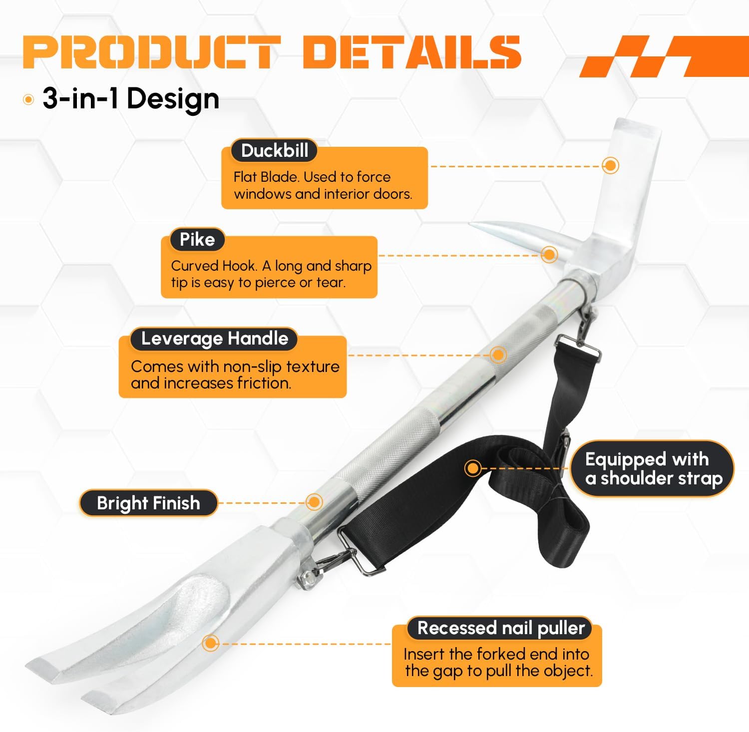 Halligan Tool, Firefighter Halligan Bar with Shoulder Strap, 3-in-1 Forged Steel Manual Entry Tool for Emergency Rescue and Fire Use (30 Inch)