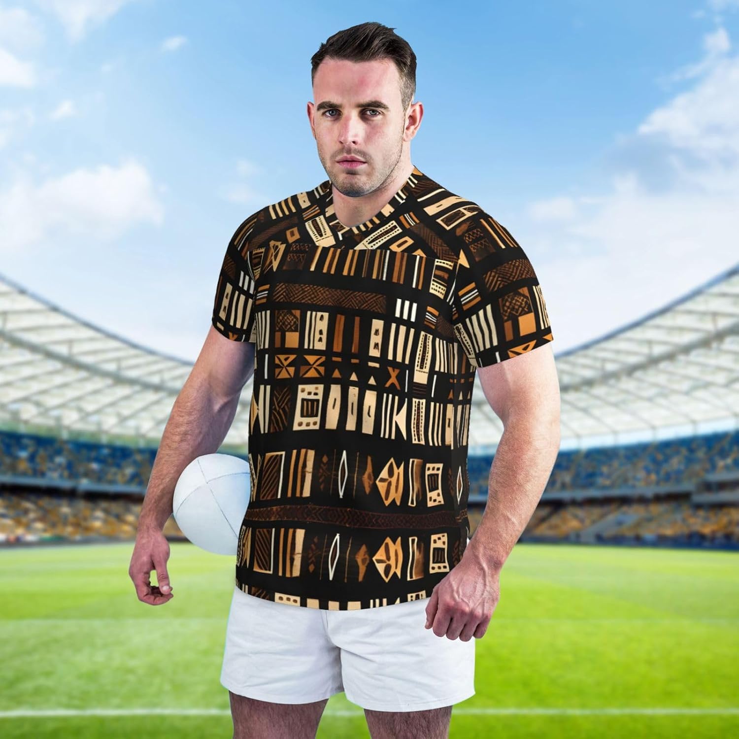 African Mud Cloth Tribal Rugby Football Jersey for Men, Comfortable V-Neck Loose Fit Top for Team Sports Athletics