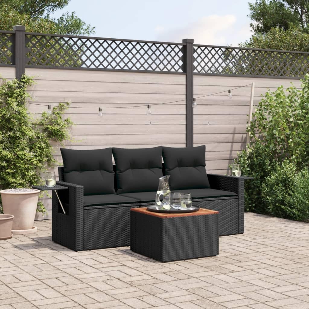 Canapé de jardin en polyrotin avec coussins noirs et table en acacia - Salon modulable 4 pièces