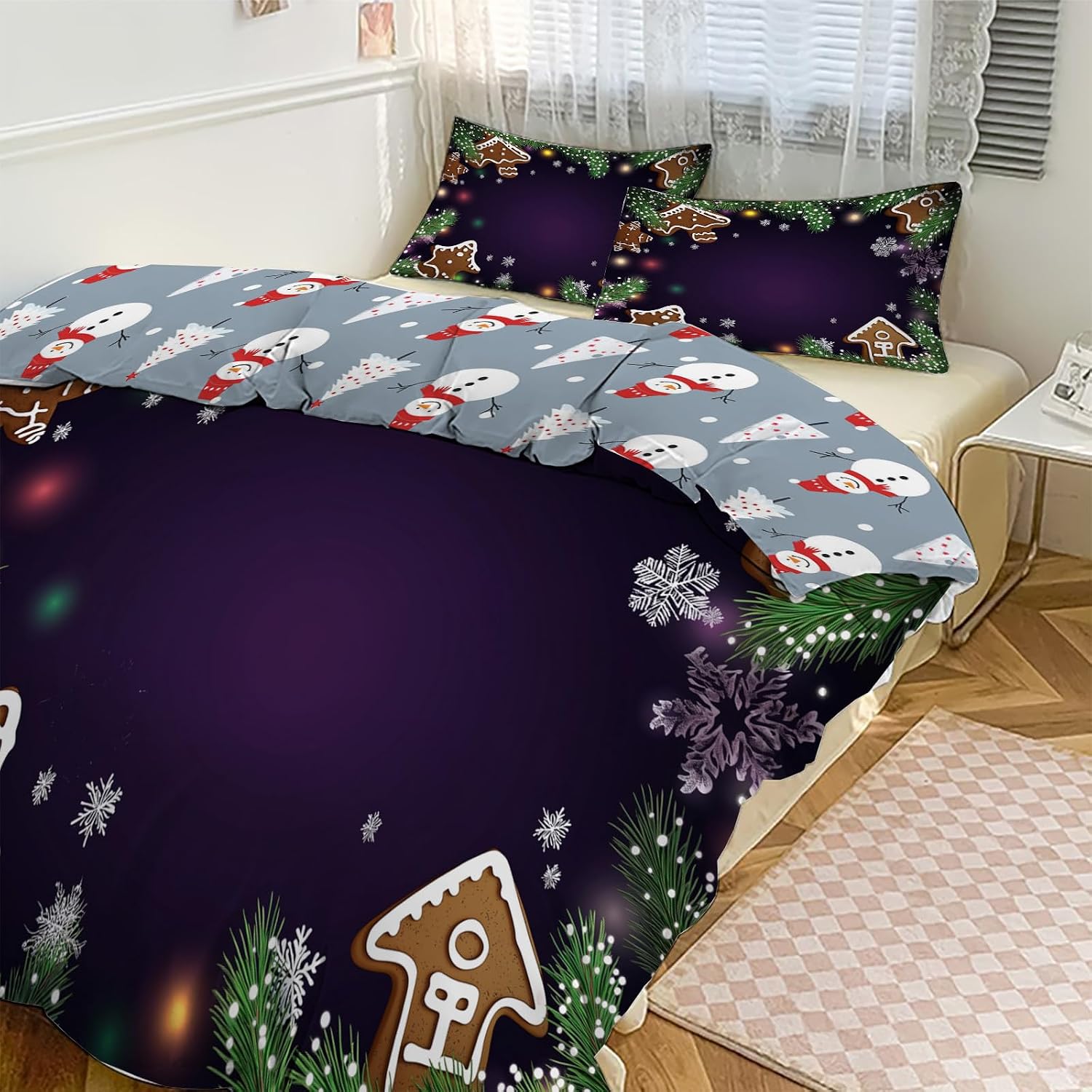 Christmas Quilt Set Queen - White stars and gingerbread man on blue background Quilts for Queen Size Bed, Christmas theme for teenagers Pattern Bedding Set - Soft Microfiber Lightweight Coverlet