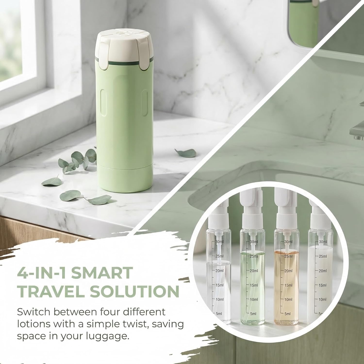 4 in 1 Travel Dispenser Bottle Set Refillable Travel Shampoo and Conditioner Bottles Leakproof Travel Bottle Dispenser for Toiletries Travel Size Pump Bottle for Vacation Gym Airplane (White*2PCS)