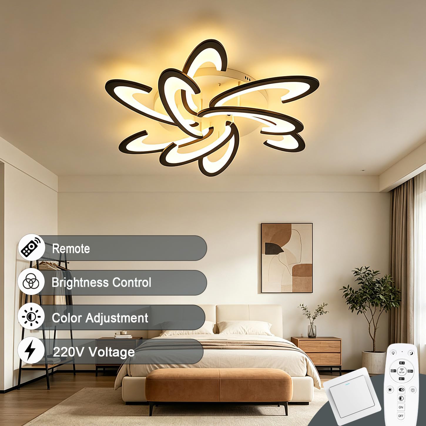 Lampa Sufitowa LED Regulacją Jasności 90 cm Kwiatowy Salonu Czarna