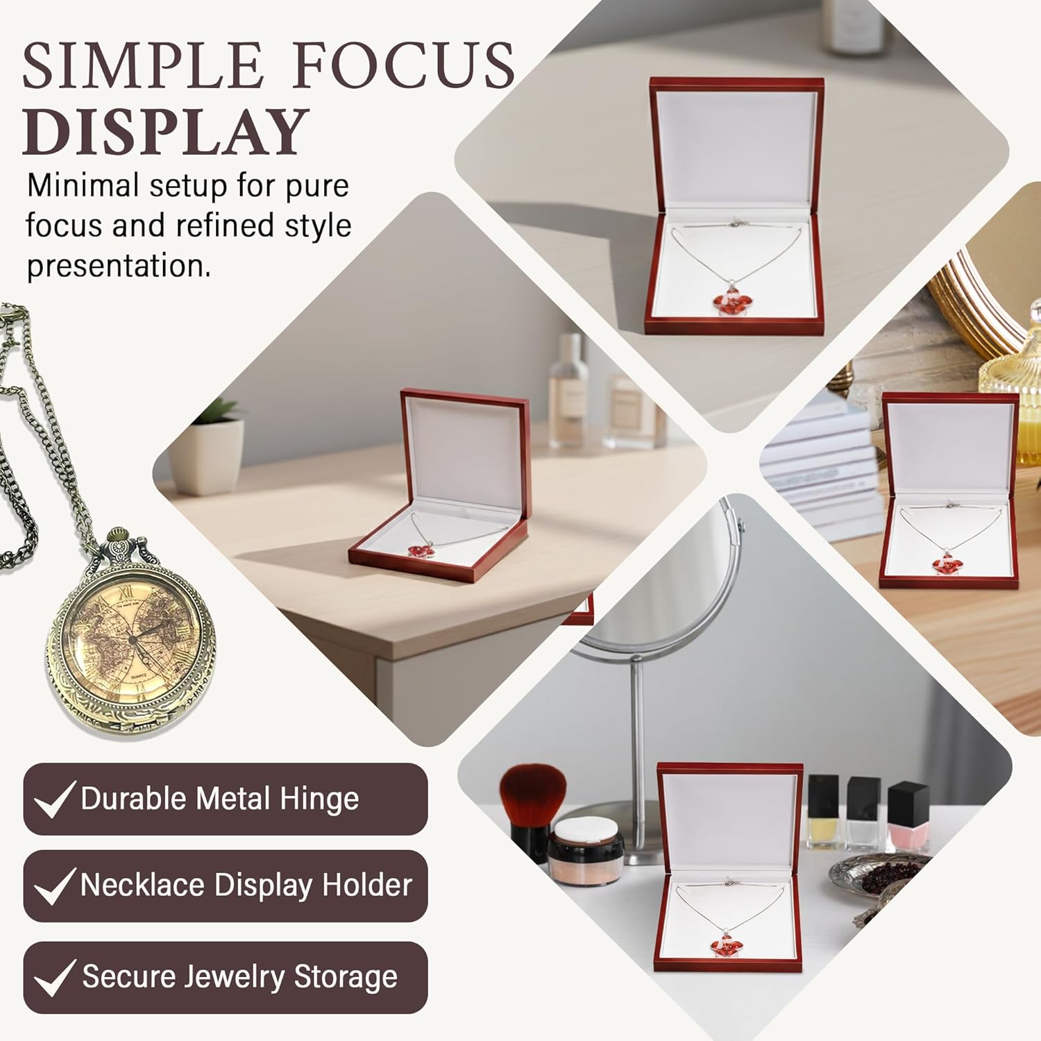 Regal Displays Elegant Rosewood Earring Pendant Necklace Box gift Premium Wooden Glossy with White Leather interior and Metal Hinge, Suitable for Proposal, Size (7 5/8" x 7 5/8" x 1 1/2") Inches