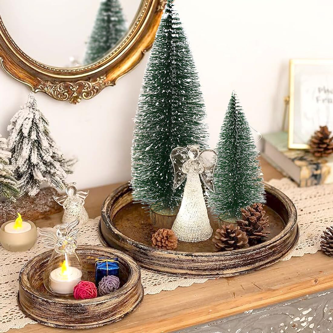 6 Pcs Small Christmas Trees Bottle Brush Christmas Trees Christmas Decorations, Small Christmas Pine Tree with Wooden Base for Christmas Table Decorations (4 Size)