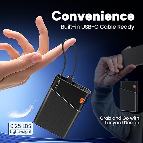 Miniatura 5 de Banco de energía de 5000 mAh con cable USB-C integrado, carga rápida, cargador portátil compacto y delgado para iPhone 141516, Samsung S24 con