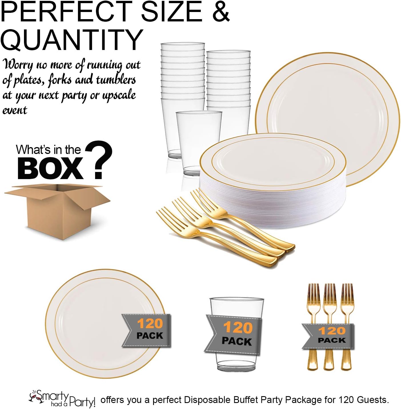Elegant Disposable Plastic Buffet Party Set for 120 Guests, White with Gold Rim Heavy Duty 9" Plates, Forks & Cups For Wedding, Birthday Parties & All Occasions