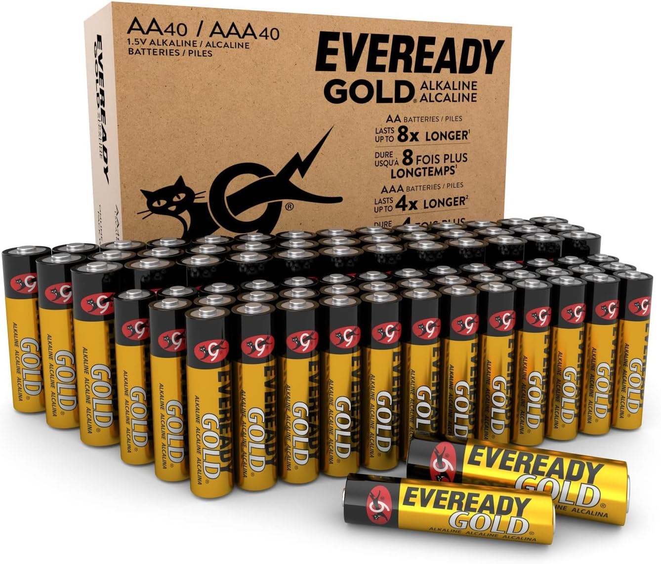 – Gold by Energizer - AA + AAA Battery (80 Combo Pack) - Double & Triple A Batteries - 1.5V Alkaline - Reliable Power - 0% Plastic Packaging - 10 Year Shelf Life [Amazon Exclusive]