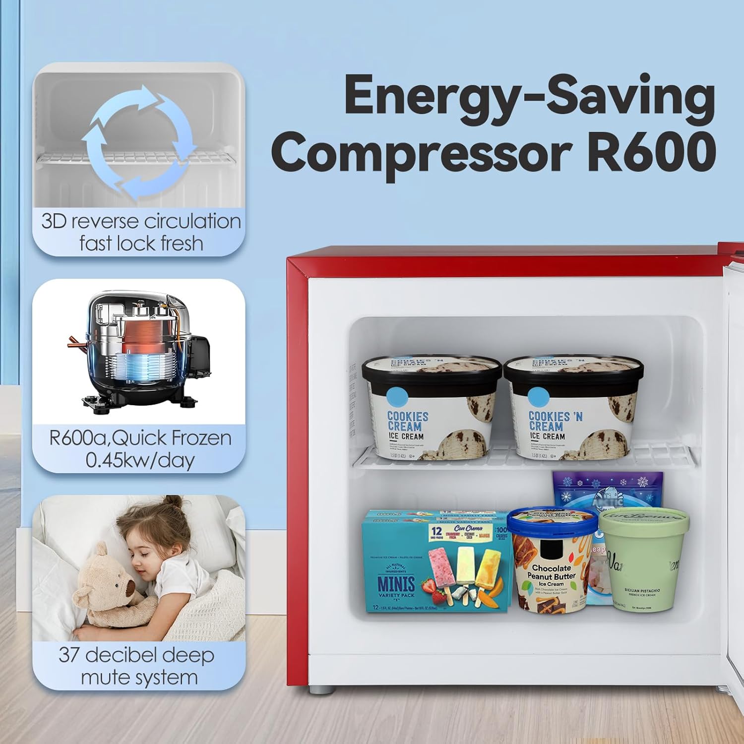 Mini Freezer, 1.2Cu.ft Small Upright Freezer with Handle and Shelves, 7 Adjustable Thermostat, Low Noise for Bedroom/Apartment/Home/Office, Red