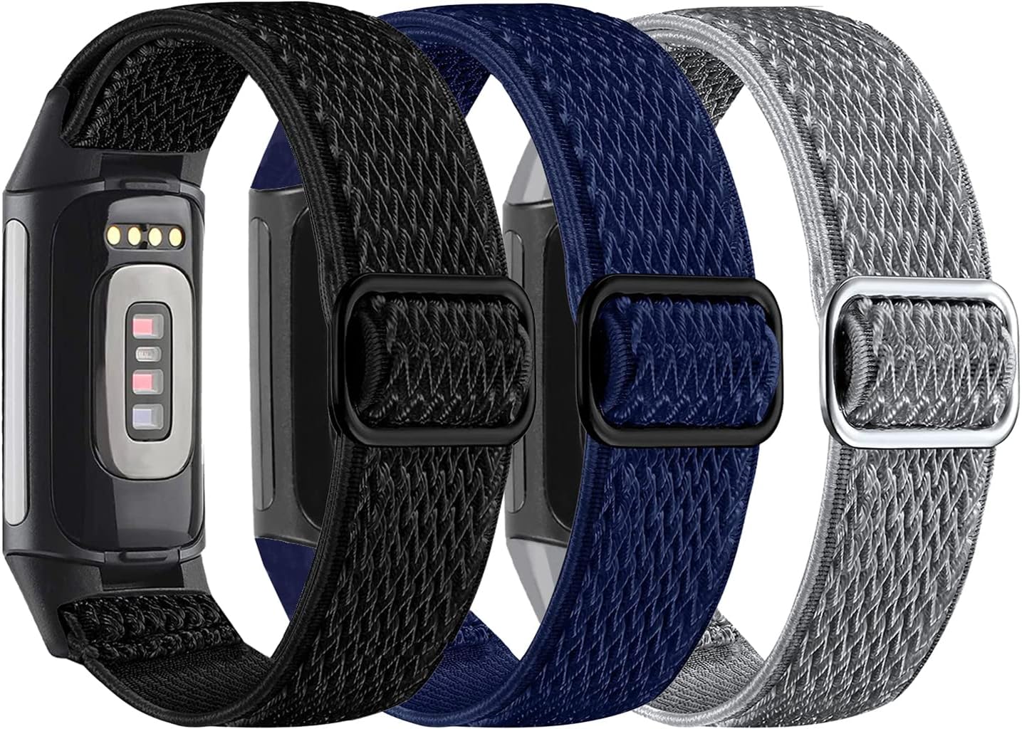 3-Pack Elastic Nylon & Slim Silicone Bands Compatible with Fitbit Charge 6/ Charge 5, Adjustable Breathable Replacement Stretchy Nylon Loop & Lace Silicone Wristband Sport Strap for Women Men