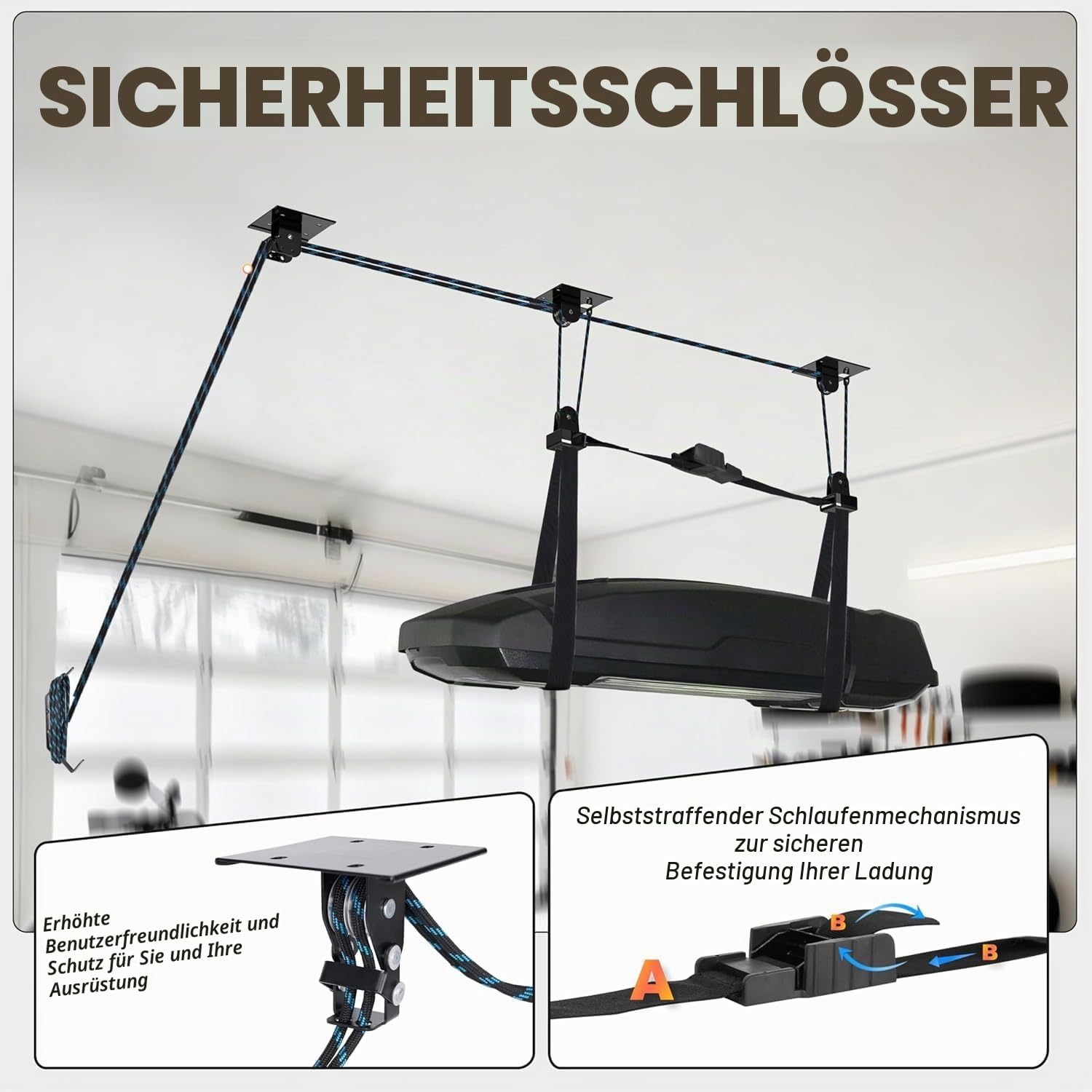 BOOSTEADY Deckenheber für Kajak, Cargobox, robustes Kajak-Riemenscheibensystem, hält bis zu 68 kg Kapazität, Cargobox-Aufbewahrung, Garagenorganisation, Hebesystem, passend für 3-4 m Decken