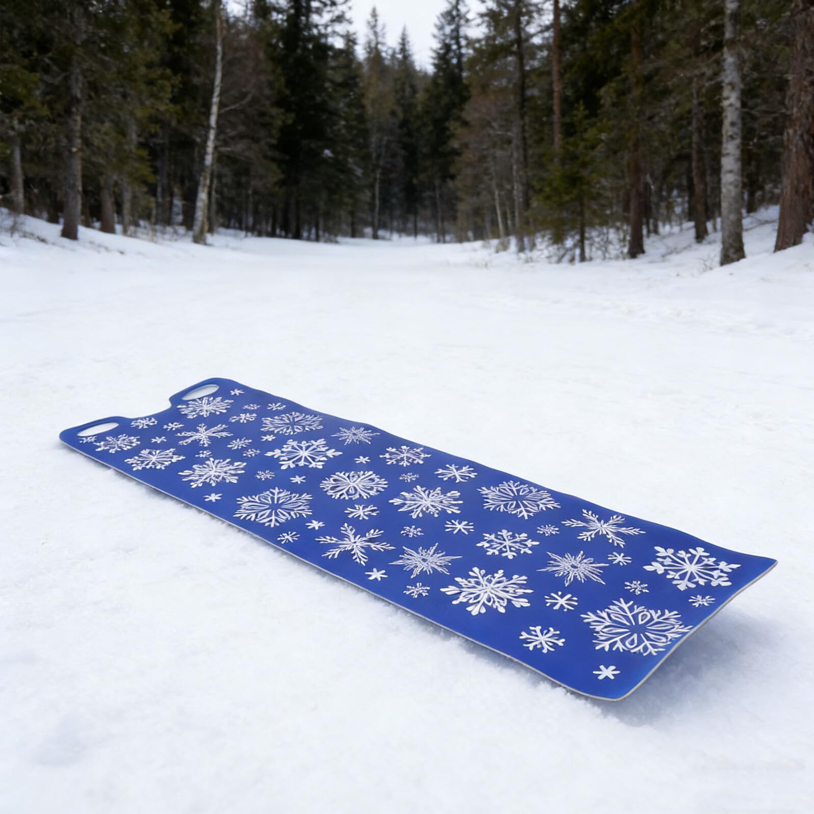 Trineo de Nieve Enrollable 137 Cm para Adultos, Tapete Portátil de Plástico Resistente al Frío con Asas, Diseño Azul con Copos de Nieve, Ligero y Flexible para Colinas