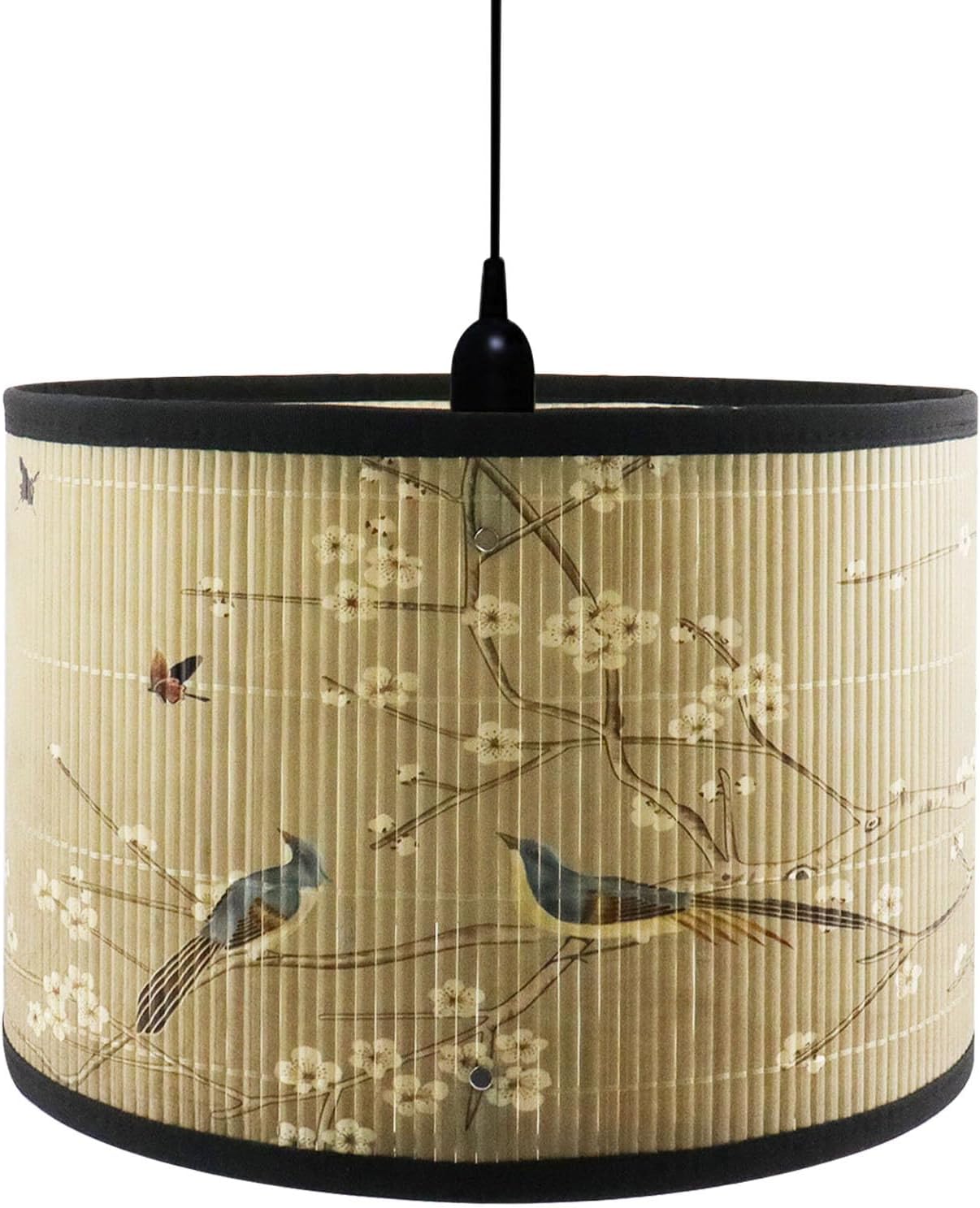 Crapyt E27 Round Removable Lamp Shades, 11.8" × 11.8" × 7.87" Wood Lampshade with Plant and Bird Print, Ink-wash Painting Pattern for Table/Floor/Ceiling/Wall Lamp，Pattern 1