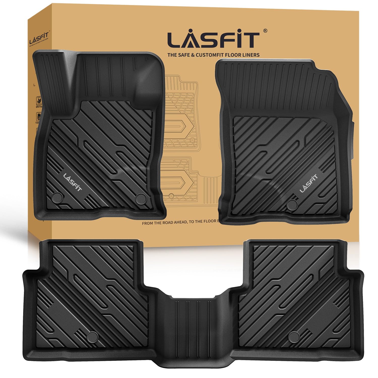 LASFIT Floor Mats for Ford Bronco Sport 2025 2024 2023 2022 2021 Carpeted Floor All Weather Protector Custom Fit TPE Car Liners, 1st & 2nd Row 3pcs Black