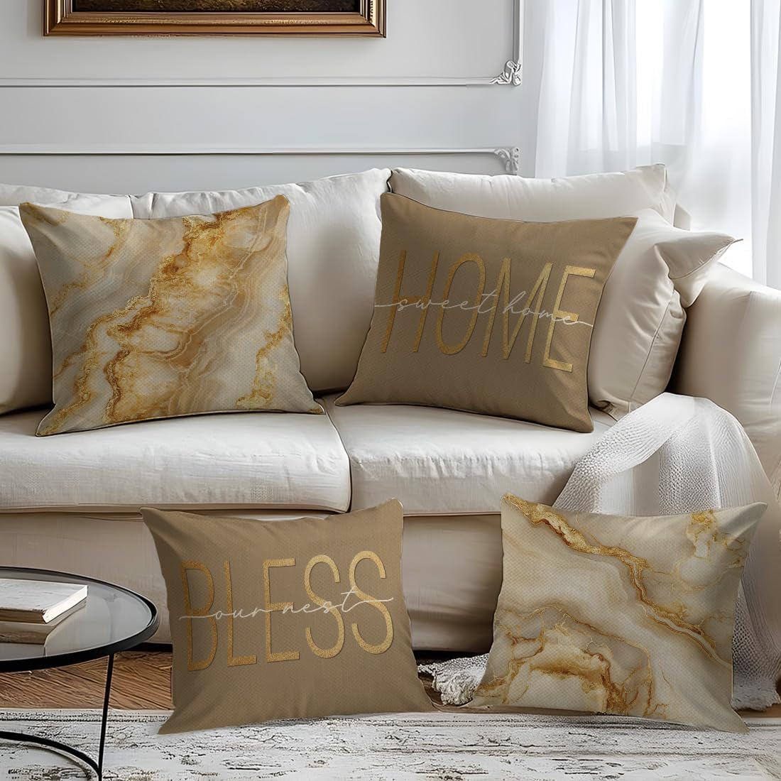 ORMAN Beige Gold 18x18 Marble Pillows Covers Set of 4 Decorative Pillowcase Cushion Cover for Car Sofa Bedroom - Image 8