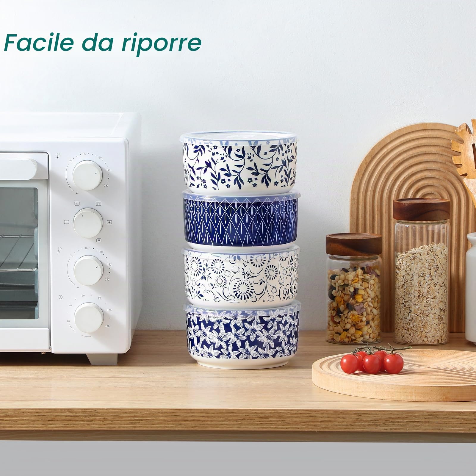 vancasso SELENE - Set di 4 Contenitori per Alimenti, Lunch Box in Ceramica, Contenitori per la Cucina, Ideali per Cereali, Insalate, Ramen, Utilizzabili in Microonde e Congelatore - Bianco e Blu