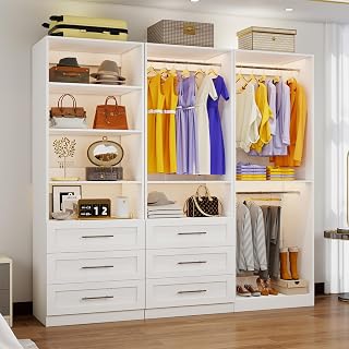 Closet System with 3 Sets, 6-16FT Closet Organizer System with 6 Drawers & 5 Shelves & 6Hanging Rods, Custom L-Shaped Walk in Closet Organizers and Storage System, Modular Closet Shelving System,White