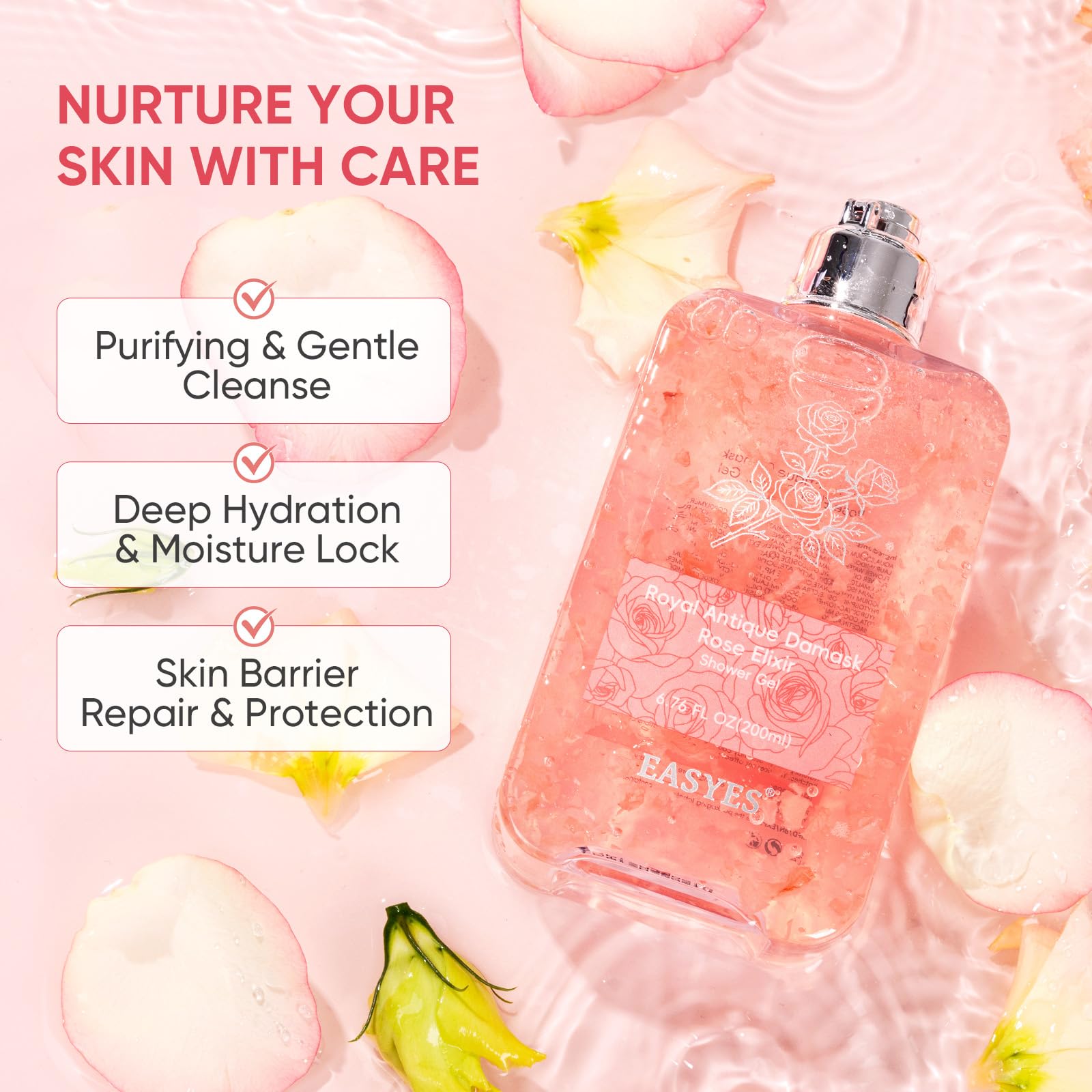 Easyes Rose Elixir Shower Gel for Women, Gentle Moisturising Body Wash with Triple Rose & Ceramide - Image 2