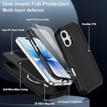 iPhone 17用磁気ケース、MagSafe対応、高耐久3層落下保護電話ケース、スクリーンプロテクター付き、ミリタリーグレードの衝撃吸収頑丈な電話カバーApple 17 6.3インチ用 ブラック