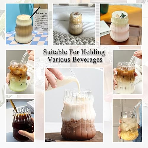 Miniatura 4 de 2 vasos de vidrio acanalado de 18 onzas, diseño acanalado ondulado, ideal para bebidas de café helado, jugo, leche, té, cócteles y más