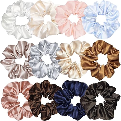 12 Pcs Satin Silk Hair Scrunchies Soft Hair Ties Fashion Hair Bands Hair Bow Ropes Hair Elastic Bracelet Ponytail Holders Hair Accessories for Women Girls (4.5 Inch, Assorted Multicolor)