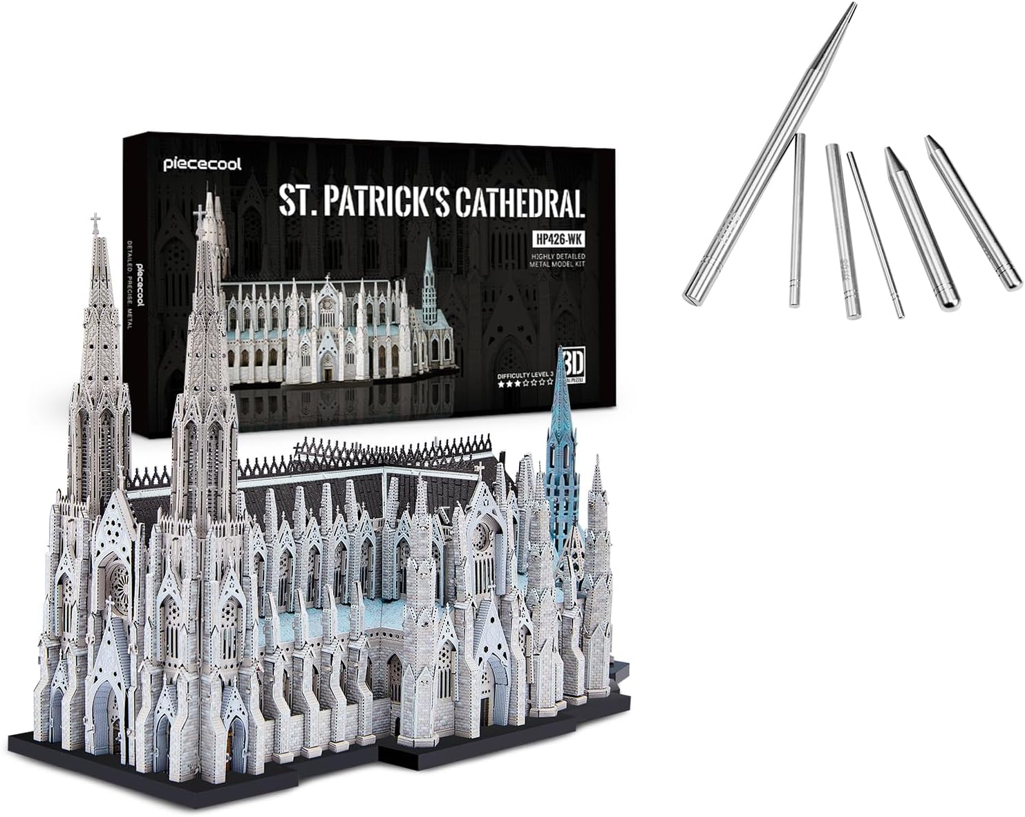Piececool Metal 3D Puzzle St. Patrick's Cathedral + Auxiliary tools Beginner Recommended Set, Model Kits for Adults to Build