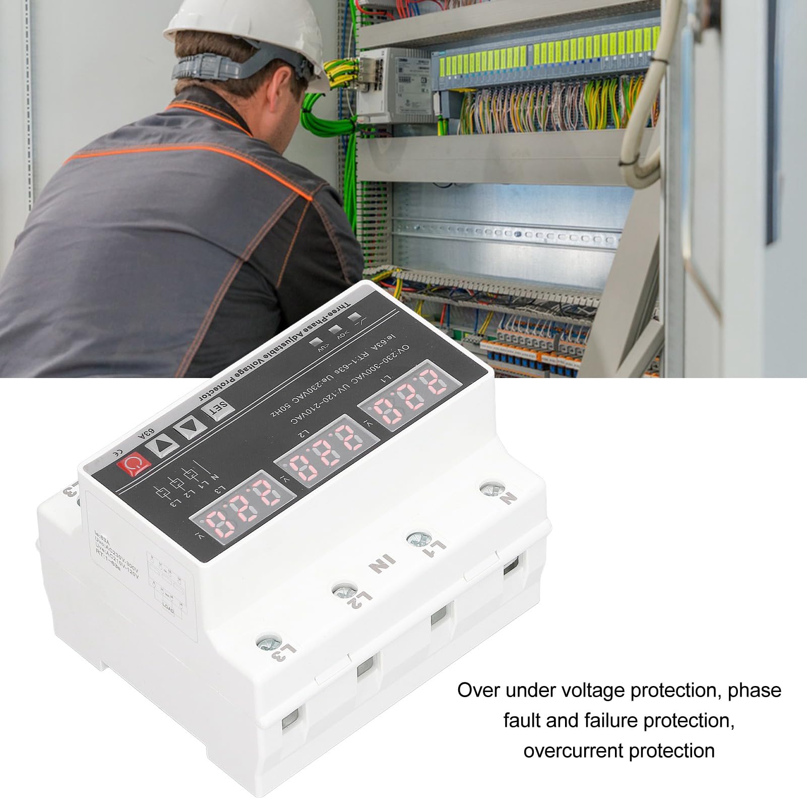 AC Current Protector AC120V to 300V 63A 3 Phase Adjustable Protectors Over Under Voltage Current Device DIN Rail Mount