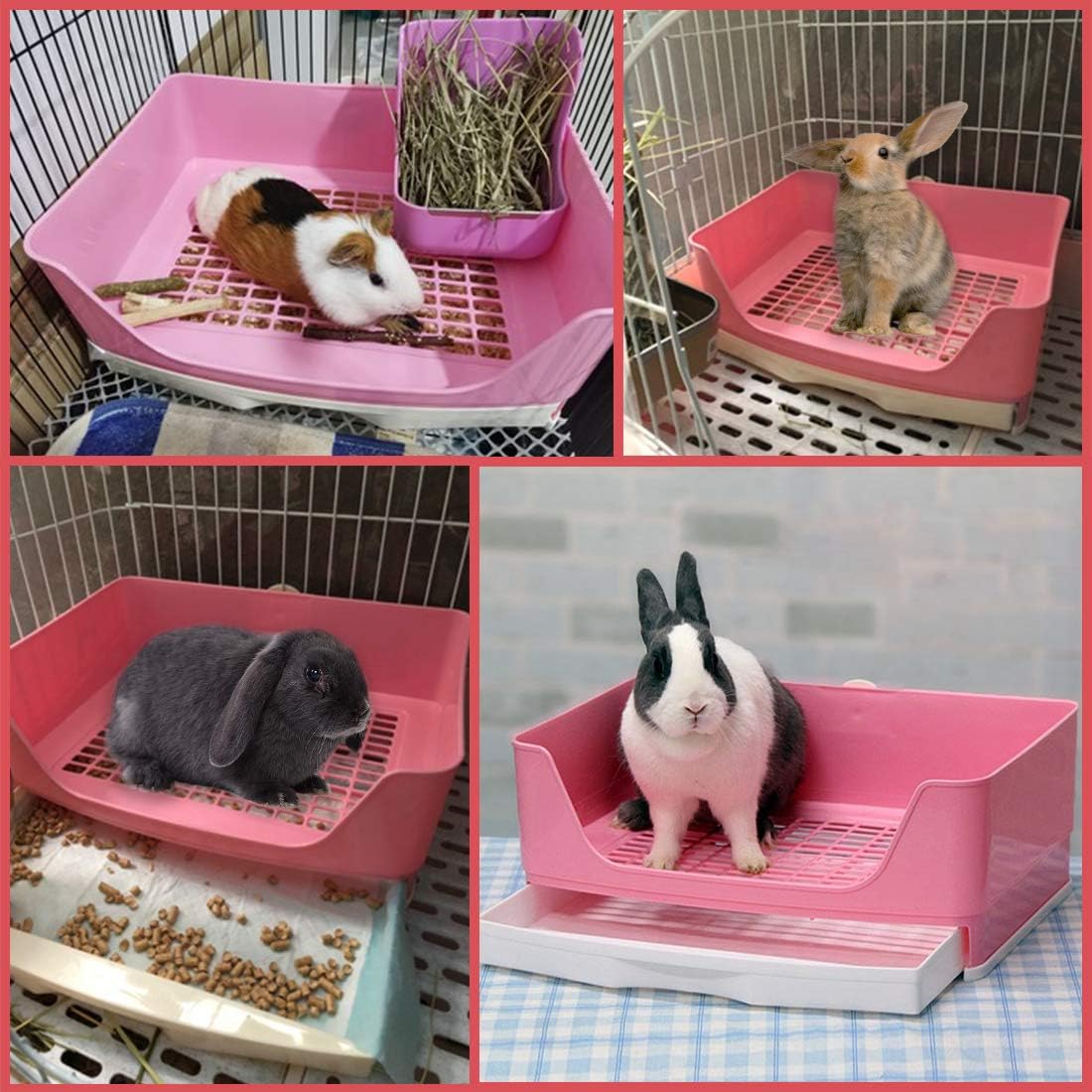 PINVNBY Large Rabbit Litter Box Bigger Pet Litter Pan Trainer with Drawer Corner Toilet Box for Adult Guinea Pigs Chinchilla Ferret Hedgehog Small Animals(Pink)