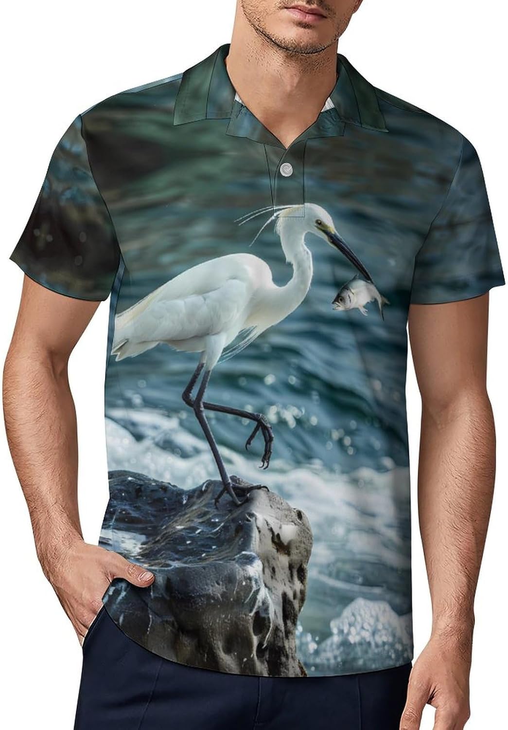 Heron Water Bird Fish Novelty Men's Short Sleeve Shirt Golf Tennis Shirts Work T-Shirt Sport Tee