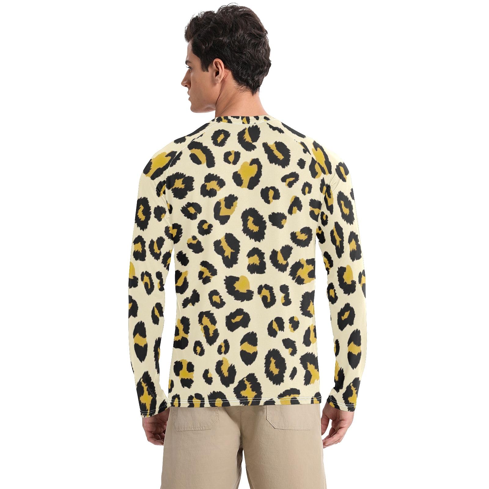 CHIFIGNO Mens UPF 50+ UV Protection Mens Rash Guard Long Sleeve Men's Rash Guard Quick Dry Beach Shirts, Black Yellow Leopard Print, Small