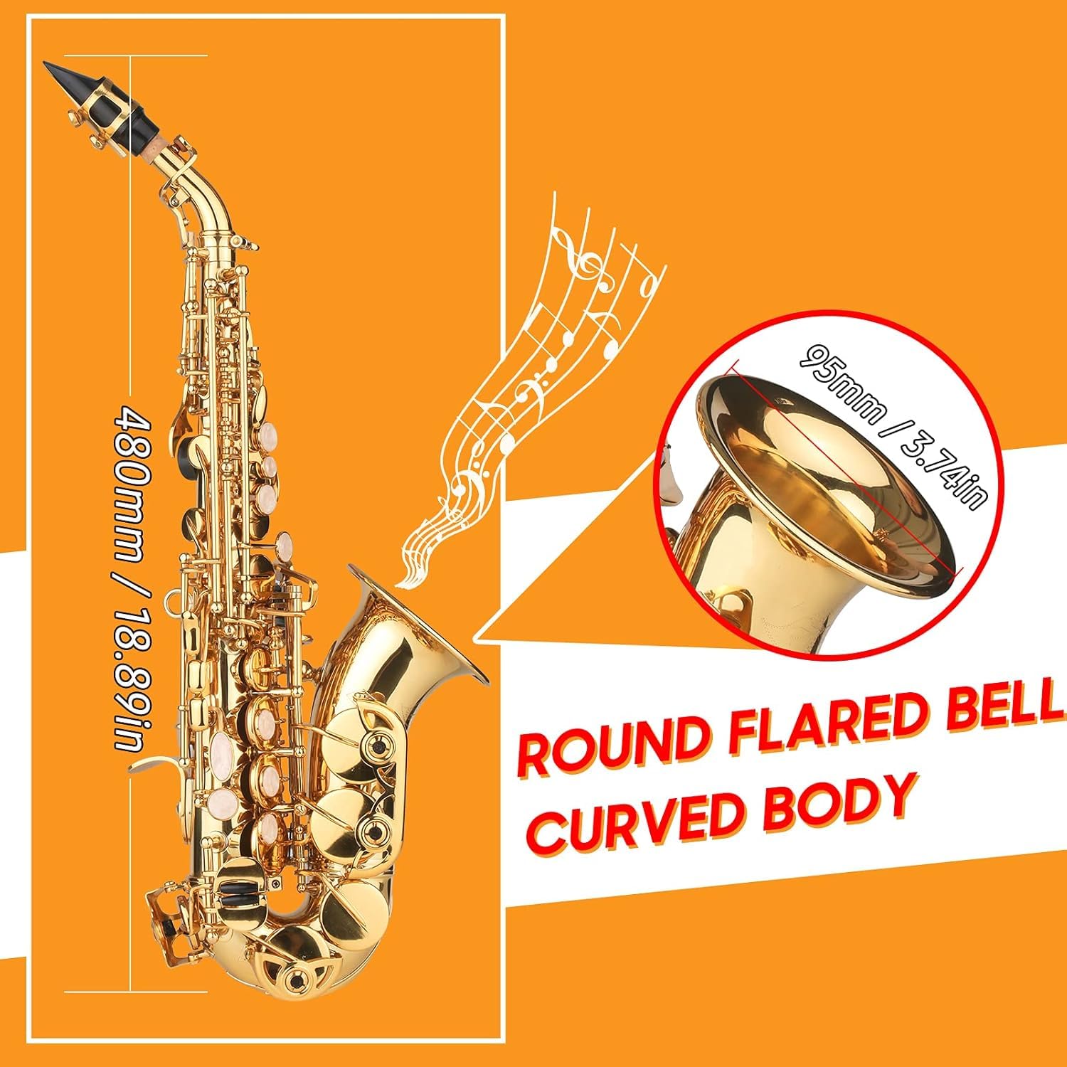 Sassofono, Sassofono Soprano in SIB Lacca Dorata Sax in Ottone con Custodia per Strumento Bocchino Tracolla Panno per Pulizia Spazzola per Musicisti Principianti