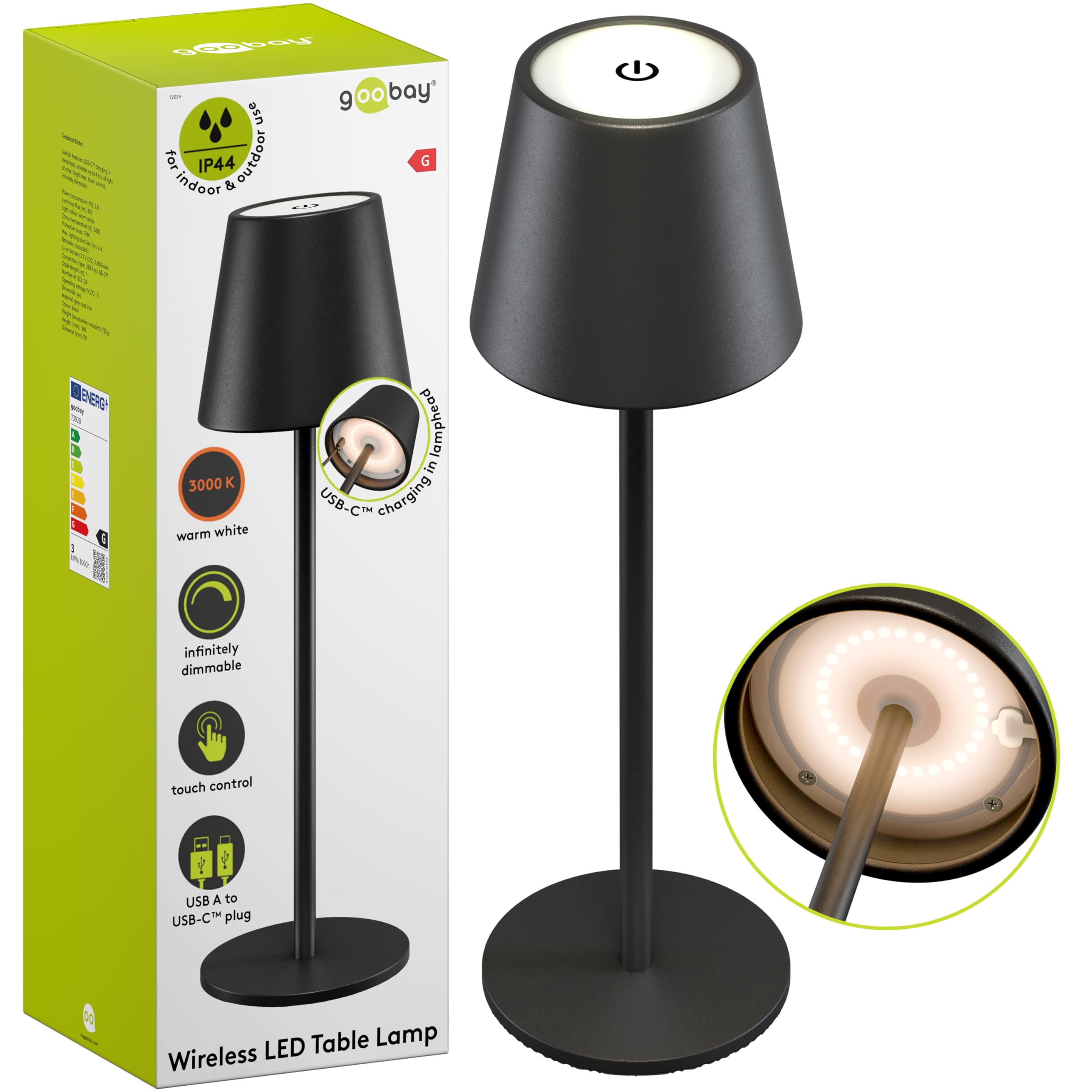 goobay Wireless LED Table Lamp 37 cm, dimmable, touch control, 170 lm, warm white 3000 K, battery up to 20 hours, IP44 splash water protection, metal housing, incl. USB-C charging cable – black, 77673