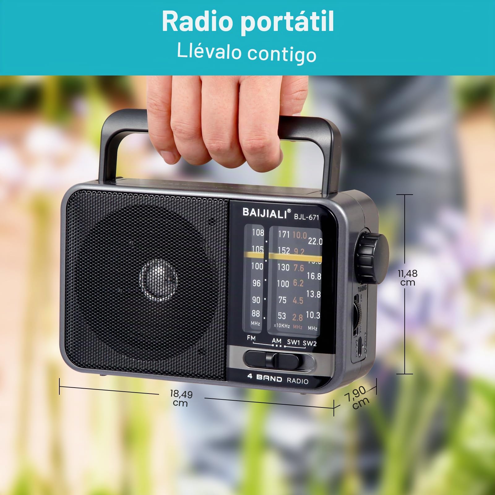 Radio transistor AM/FM portátil con altavoz, batería o USB | Radio de emergencia compacta para interiores, exteriores, viajes y tormentas (modelo BJL-671)
