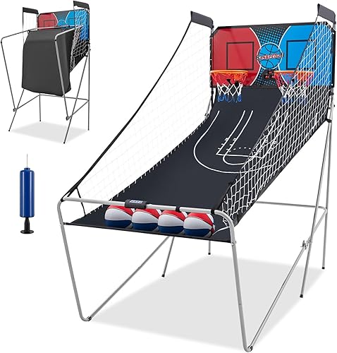 Vista 10 de Goplus Juego de arcada de baloncesto plegable de doble tiro, juego de aro de baloncesto con puntuación electrónica, 8 modos de juego, 4 bolas, Negro