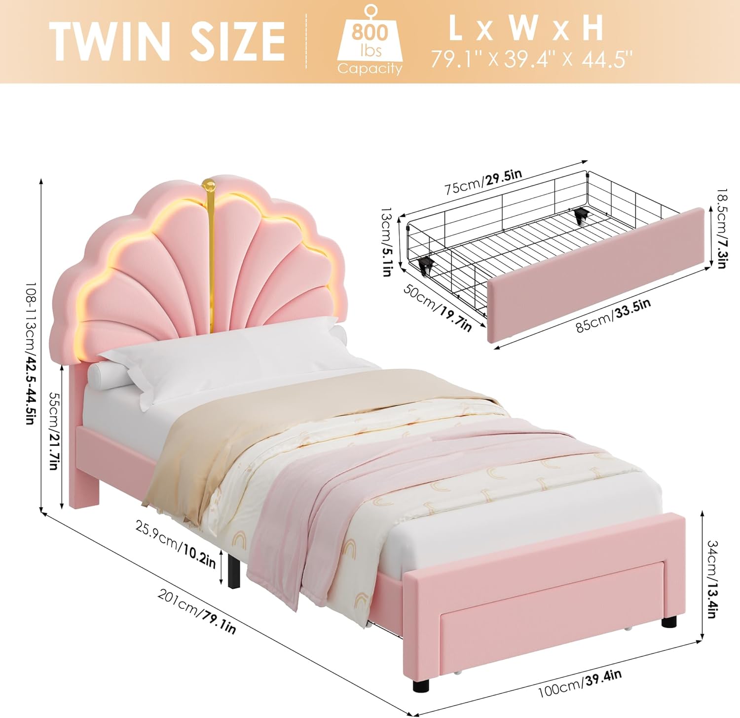 Keyluv Twin Princess Bed Frame with Storage Drawers, Soft Velvet Upholstered LED Platform Bed with Adjustable Cute Shell Headboard, No Box Spring Needed, Noise-Free, Pink - Image 2