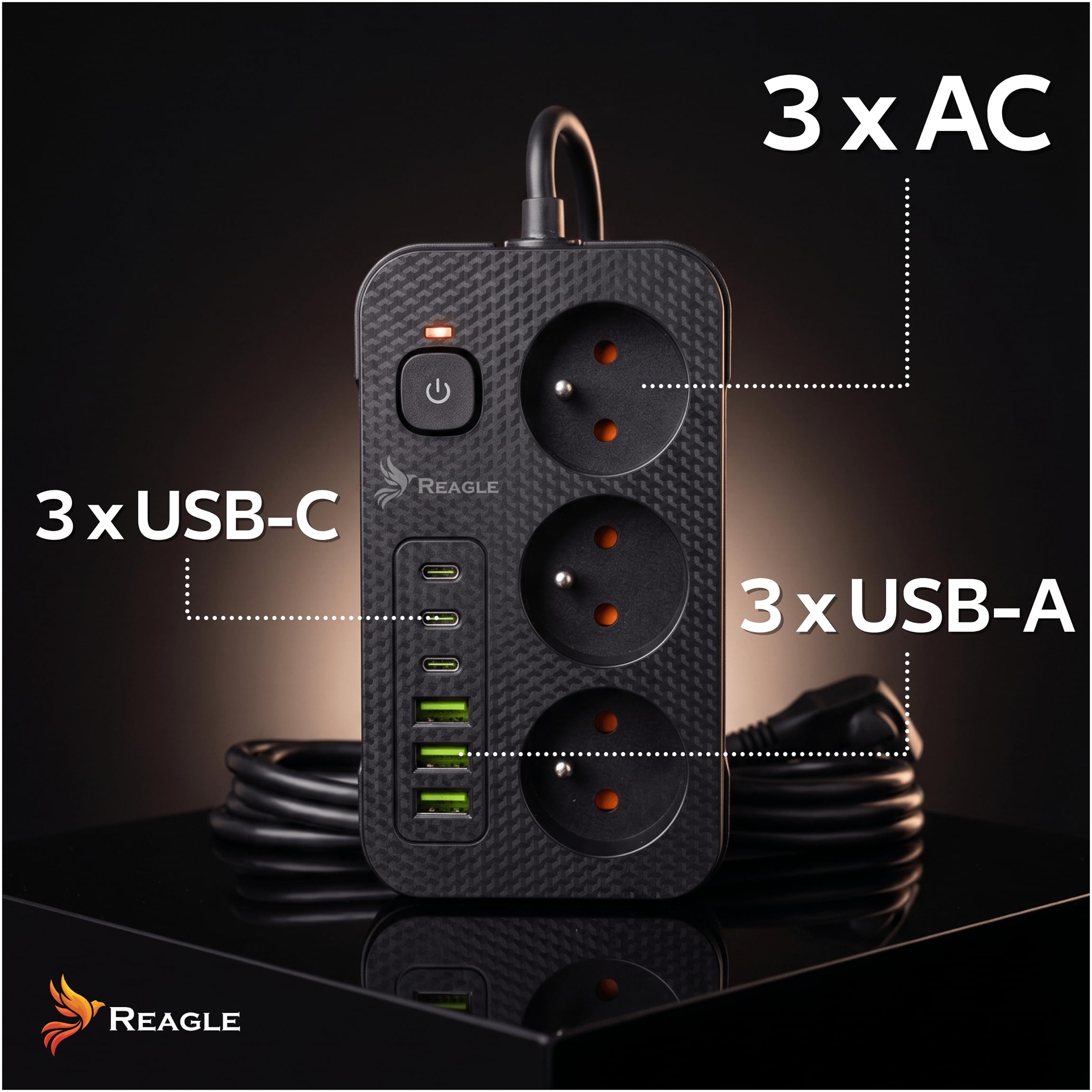 Reagle Listwa Zasilająca 3 Gniazda 230V z 6 USB, 3x USB-A 3x USB-C, Przedłużacz 3M z Podświetlanym Włącznikiem, 2500W, Czarna, do Domu Biura