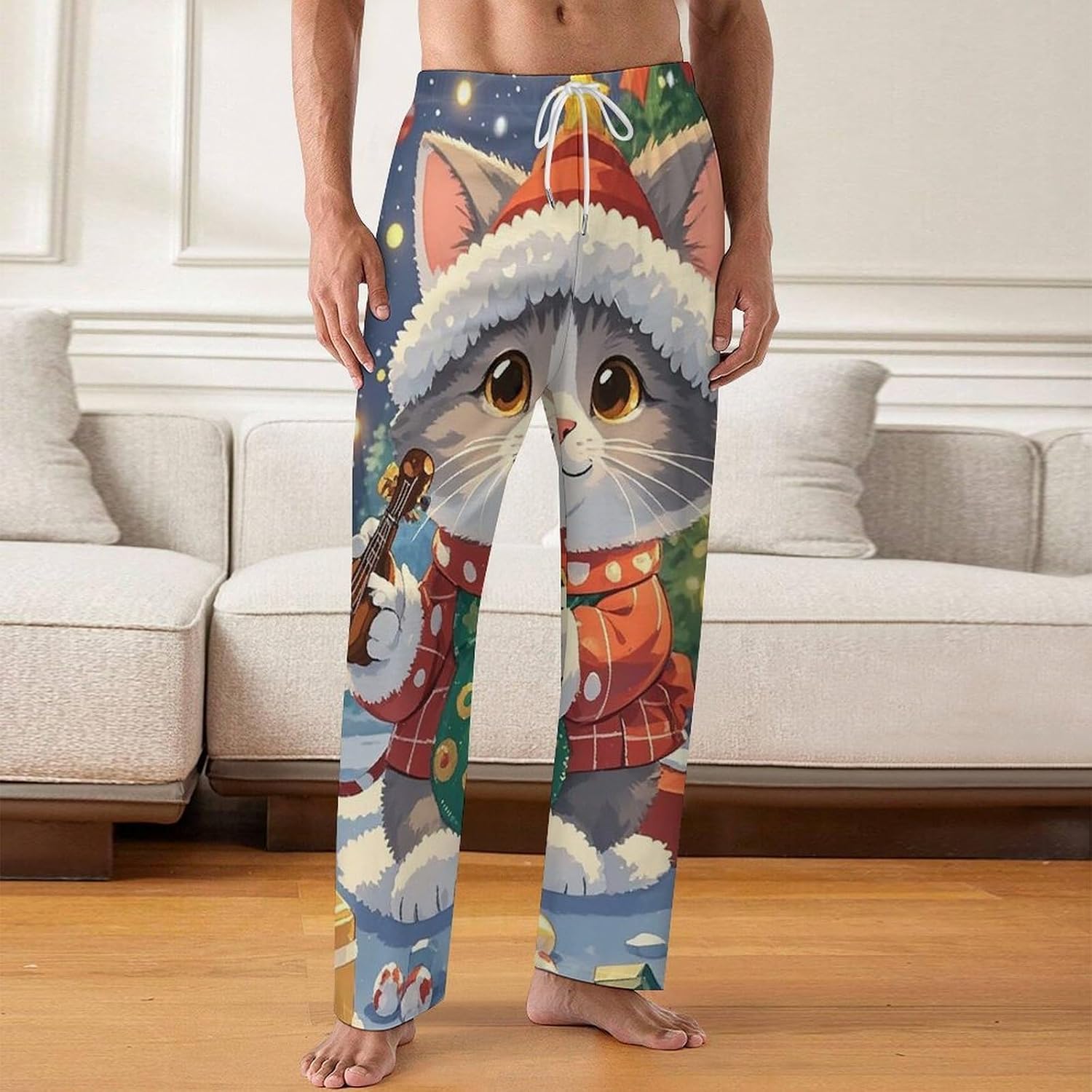Mens Pajama Pants Soft PJ Bottoms Cat Sing Christmas Carols Sleep Pant Pajama Bottom with Pockets Lounge Pant