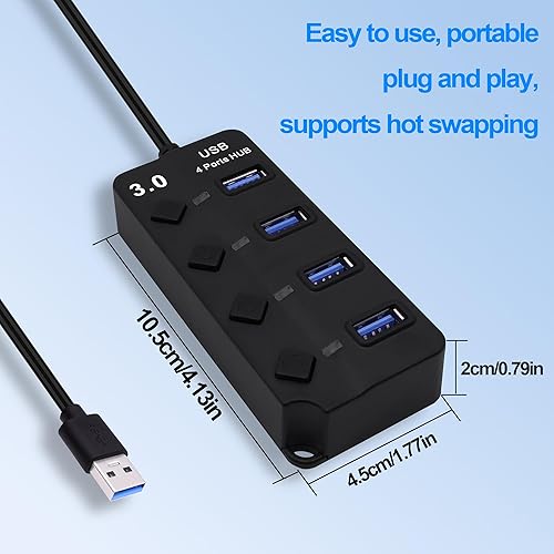 Miniatura 5 de Hub USB 3.0 de 4 puertos multifuncional 1 a 4 divisor de transferencia de datos de 5 Gbps USB 3.0 extensor con interruptores de alimentación LED