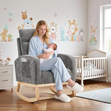 Rocking Chair Nursery, Modern Upholstered Glider Rocker Side Pocket, High Backrest Padded Seat Accent Armchair for Living Room, Nursery, Bedroom