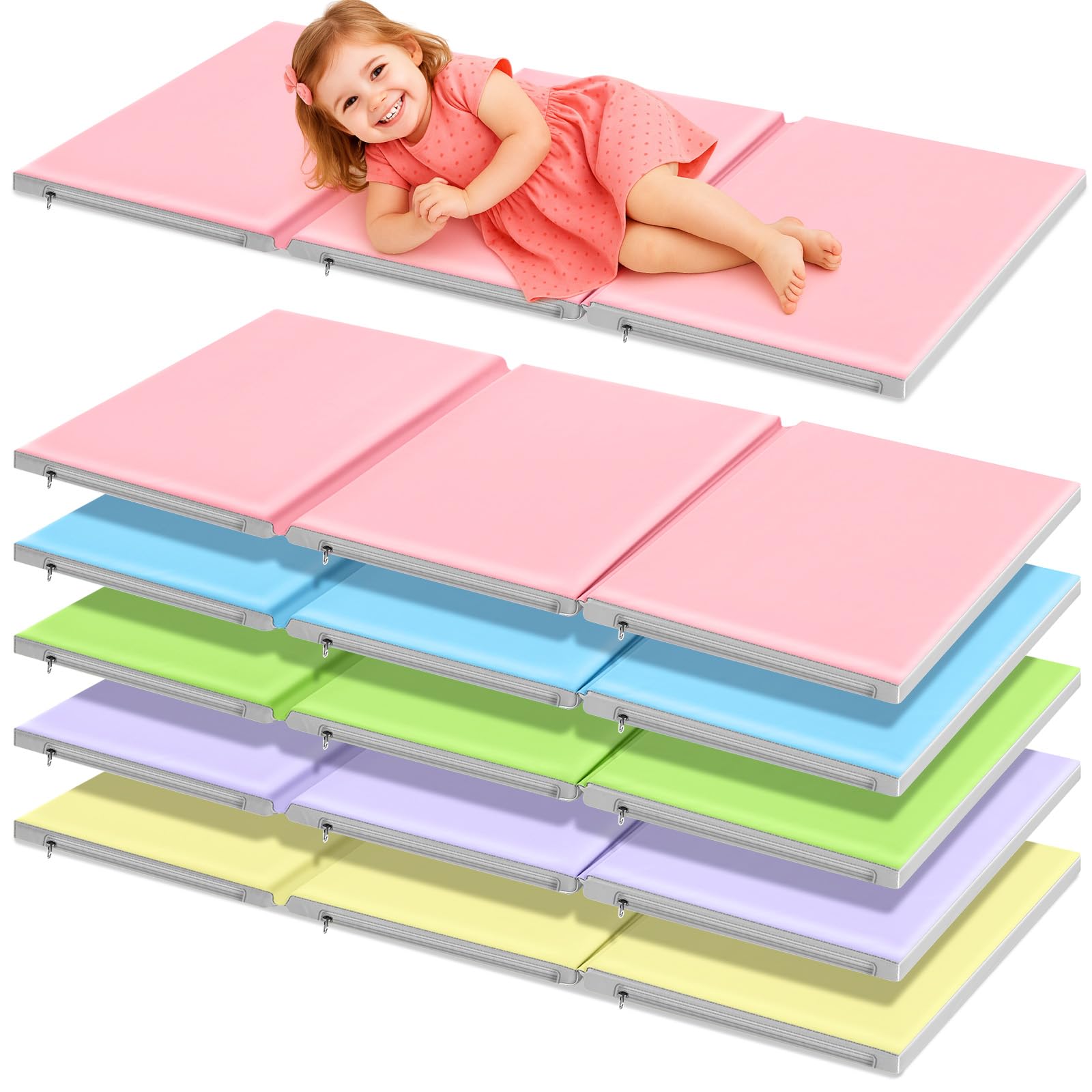 wesiti 5 pcs folding kids nap mats for preschool daycare, 3 section folding rest mats sleeping for kids toddler nap 1 inch thick, kindergarten school classroom supplies (macaron color)