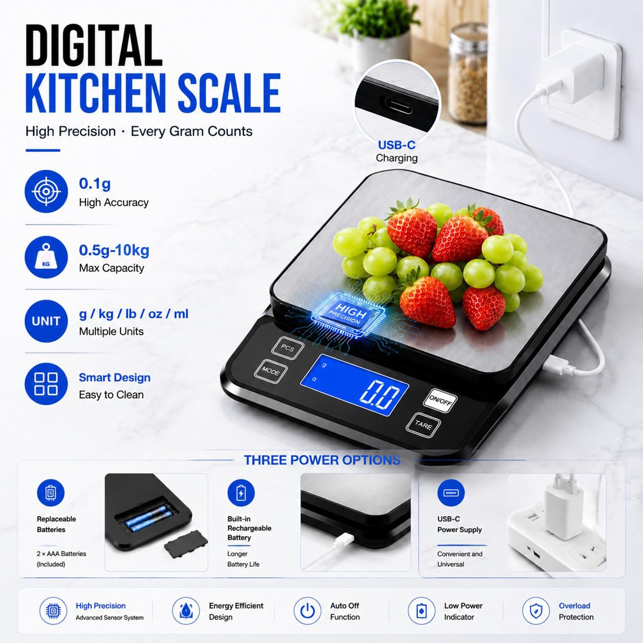 Bilancia digitale da cucina impermeabile, precisione 0,1 g, bilancia elettronica in acciaio inox con 3 opzioni di alimentazione (ricaricabile/AAA/integrata), conversione 10 unità, standby intelligente