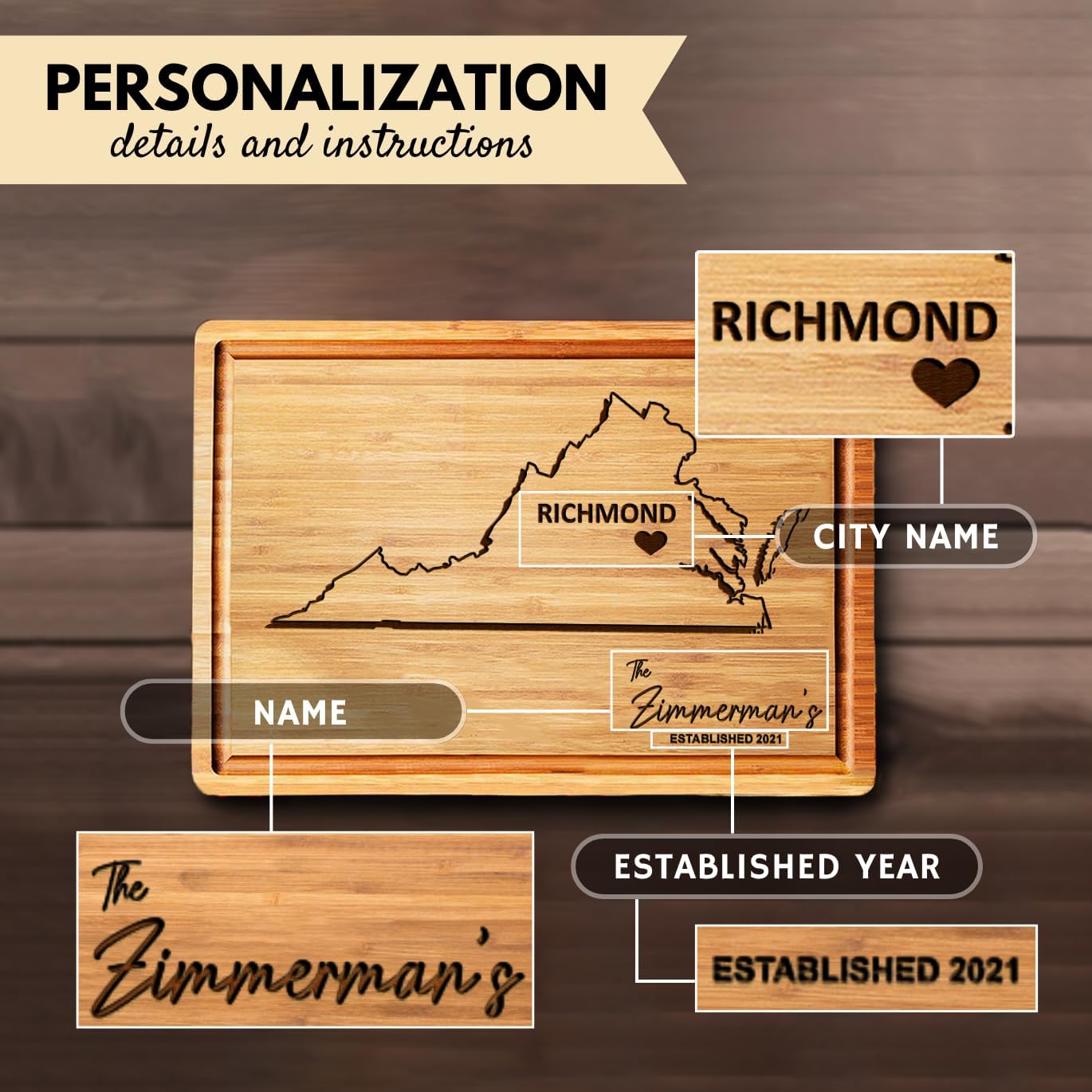 Virginia Cutting Board, Personalized Wooden States Decor, Bamboo Destination Souvenirs, State Shaped Famiy Long Distance Gifts, Virginia Beach Gifts - Image 6