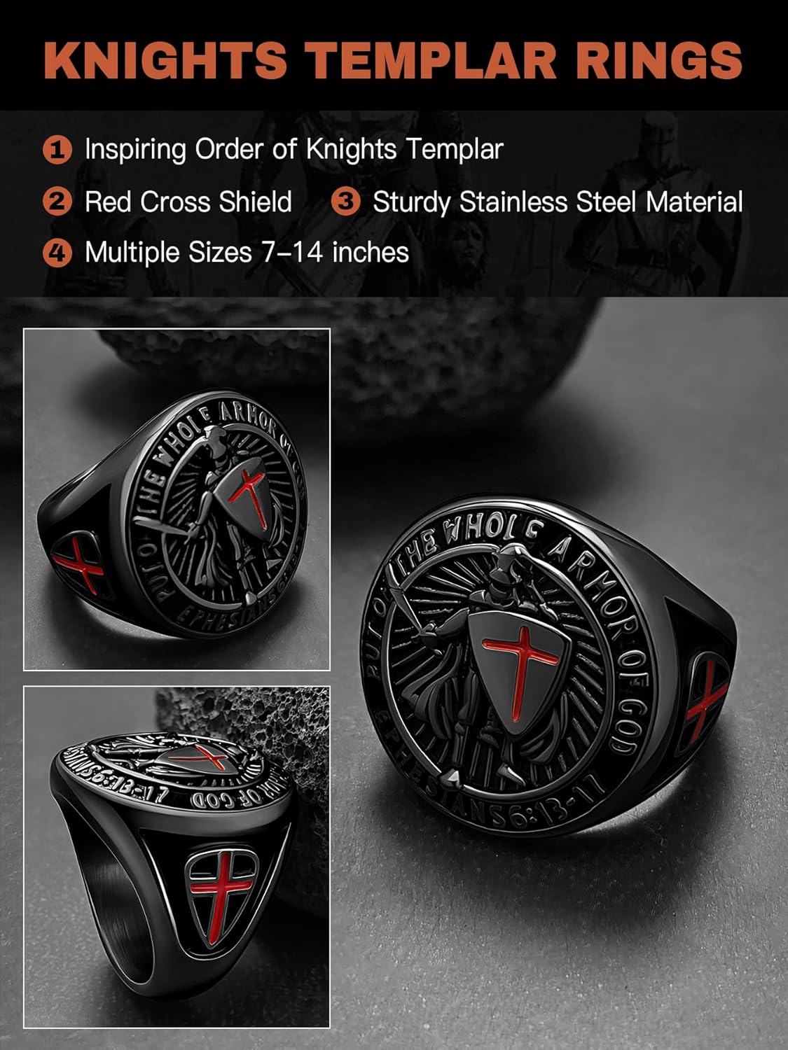 Christian Ring Knights Templar Put On The Whole Armor Of God Ephesians 6:13-17 Red Cross Design Men's Religious Catholic Ring,Biker Punk Cocktail Party 316L Stainless Steel Rings For Men Gift