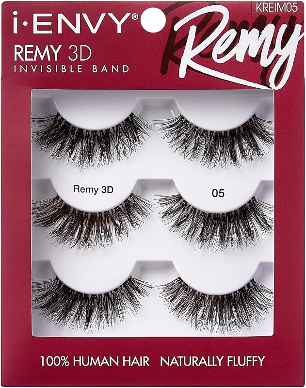 Cílios postiços iENVY Remy 3D de cabelo humano, faixa invisível, modelo 05, pacote com 3 pares