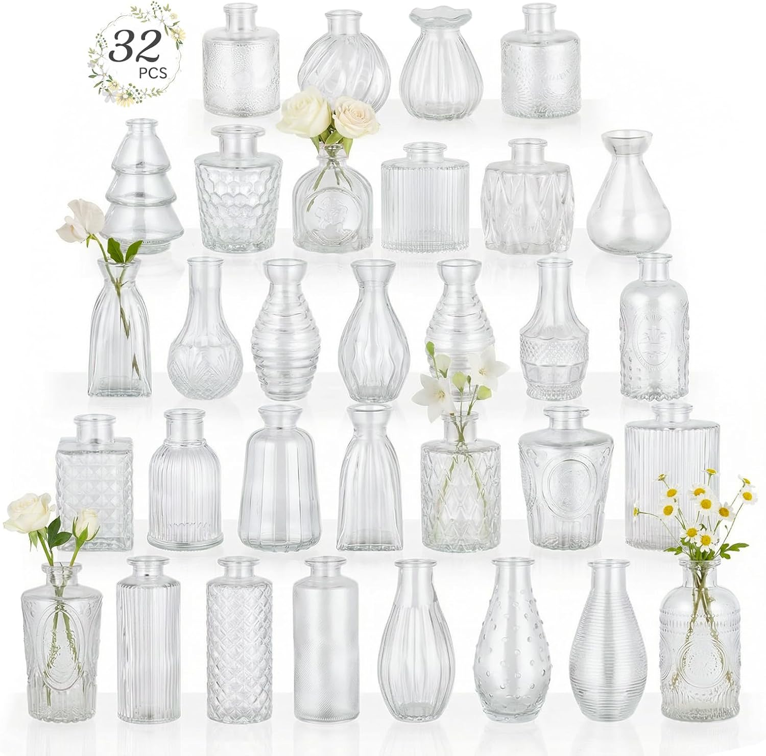 RUCKAE 32 Pack Flower Vase Mini Glass Bud Vases Vintage Small Vases for Centerpiece Table Wedding Decorations Home Decor Party (Transparent)