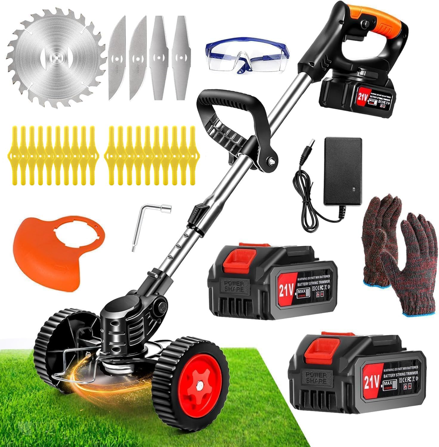 Decespugliatore elettrico senza fili, 21 V, tagliabordi senza fili con 2 batterie e tre tipi di lame, bordo con ruote, leggero e a basso rumore per il taglio del giardino, prati e arbusti