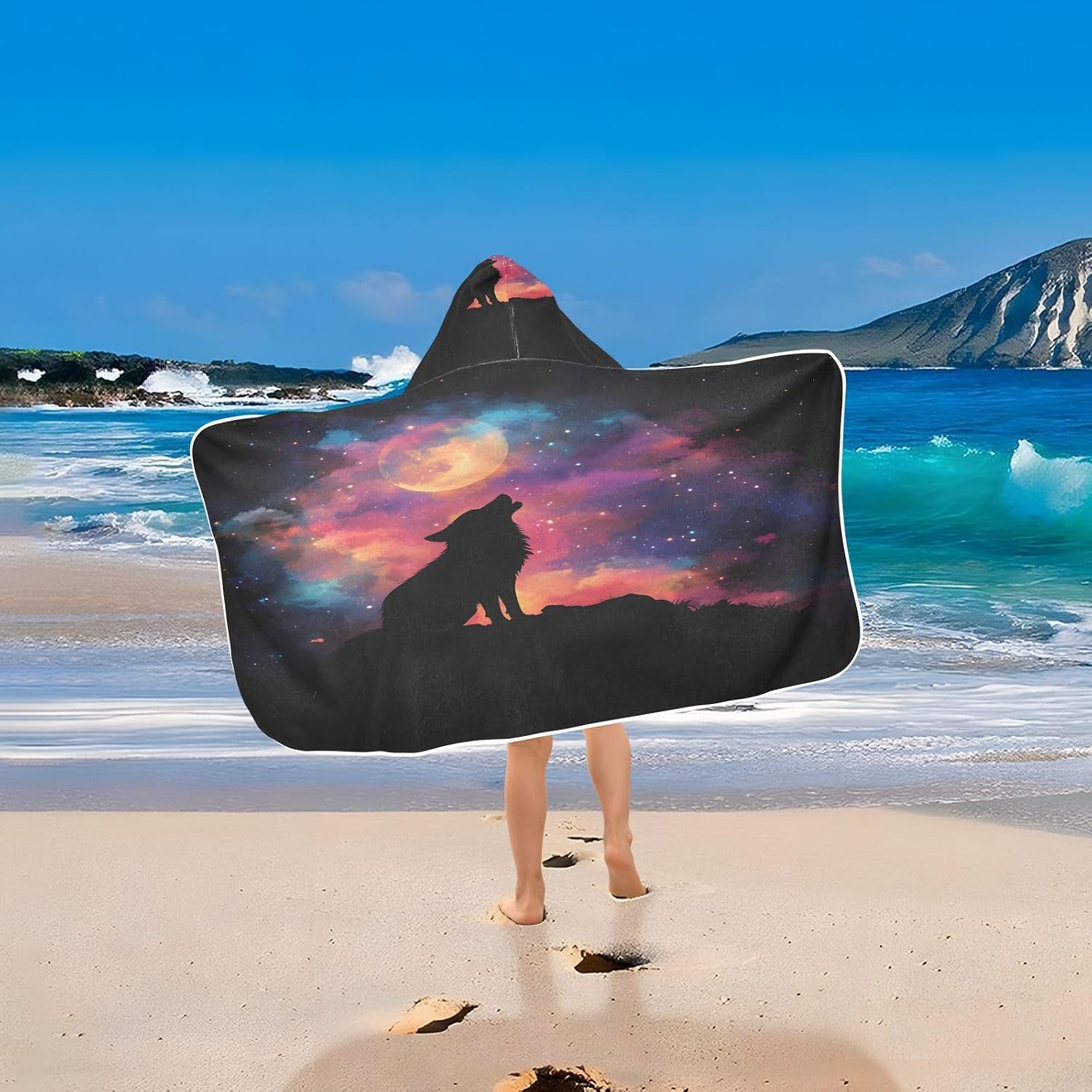 Colorful Galaxy Star Wolf Kids Bath Towels Hooded Poncho, 50x23.5in Quick Dry Beach Towels for Boys Girls Toddlers, Soft Absorbent Baby Bath & Hooded Towels Cape for Swimming Bathroom
