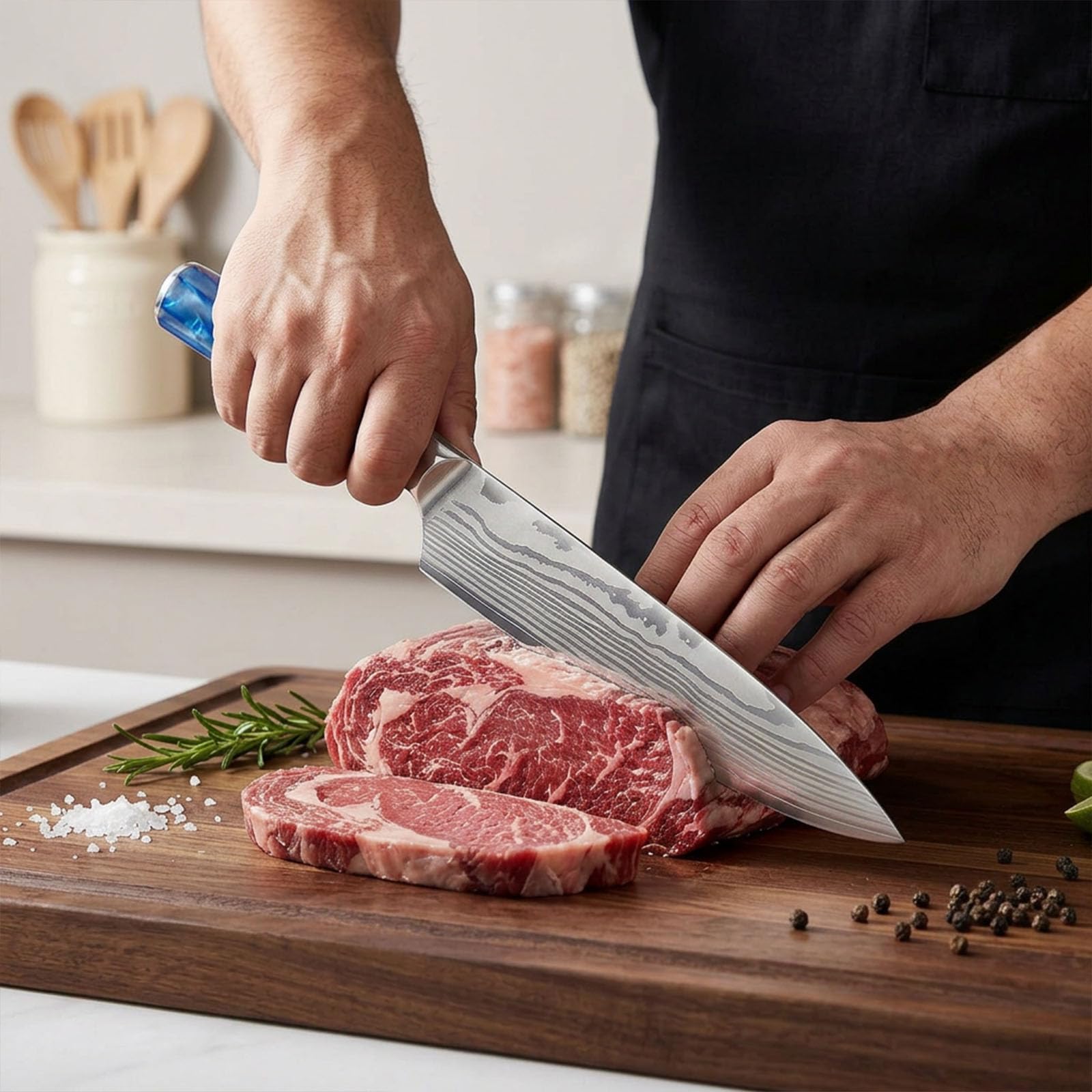 Set de 5 Couteau de Cuisine - Style Japonais, Couteau Cuisine en Acier Inoxydable à Haute Teneur en Carbone,Lames Ultra-Tranchantes & Manches Ergonomiques - Idée Cadeau avec Coffret Inclus