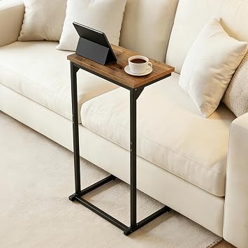 C-Shaped Side Table, Small End Table with Metal Frame for Living Room, Bedroom, Sofa Side Table for Small Spaces, Industrial Nightstand, Coffee Table, Rustic Brown and Black (1, Brown)