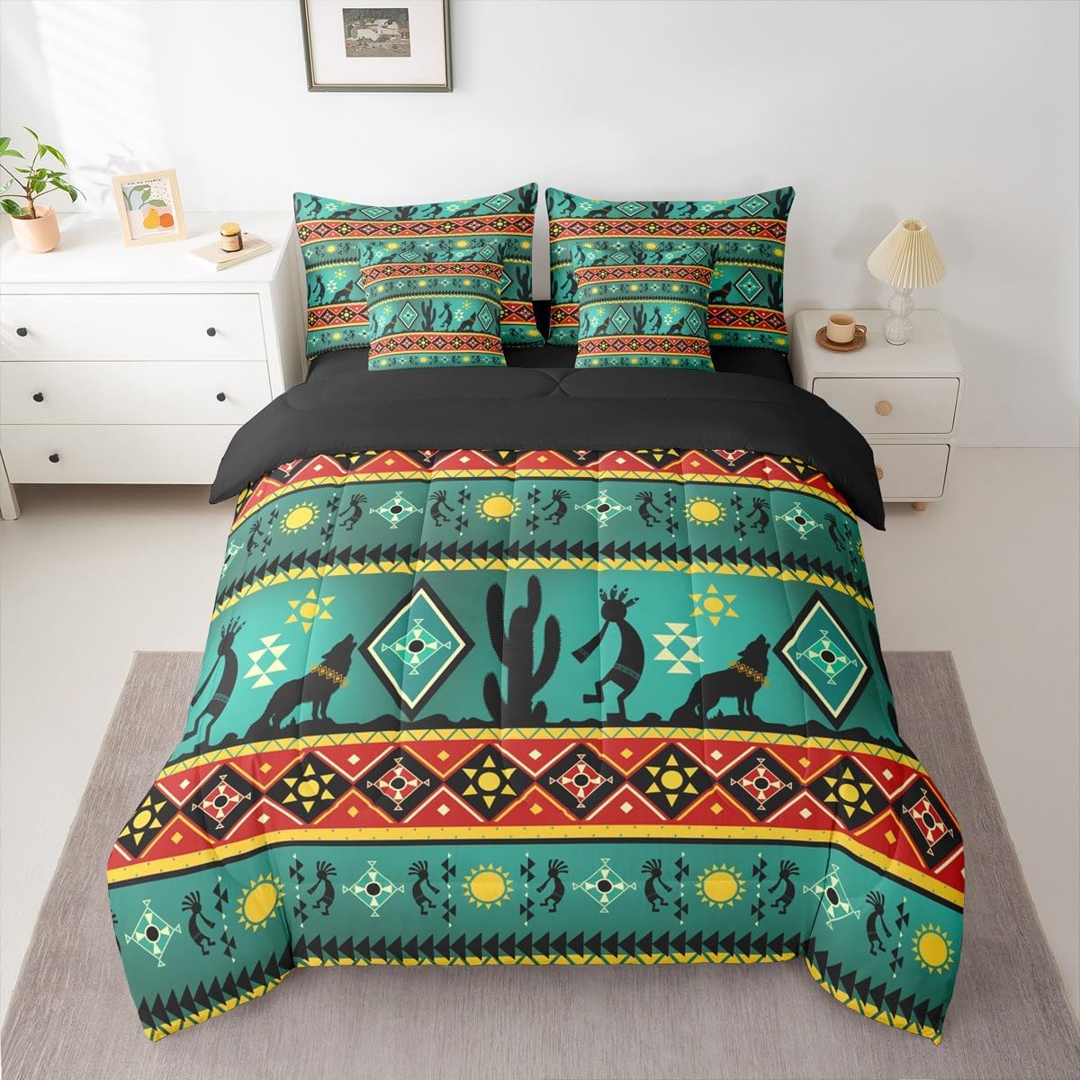 Erosebridal Western Comforter Set 7 Piece Bed in a Bag Twin,Native American Indian Style Bedding Sets Exotic Geometric Aztec Sheet Set with Comforter